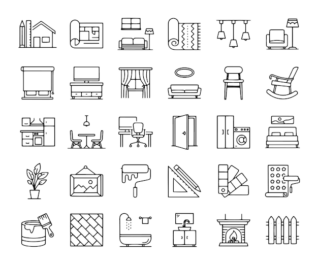Home Decoration and Interior Design Line Icon Set Architect Furniture Trendy Fashionable