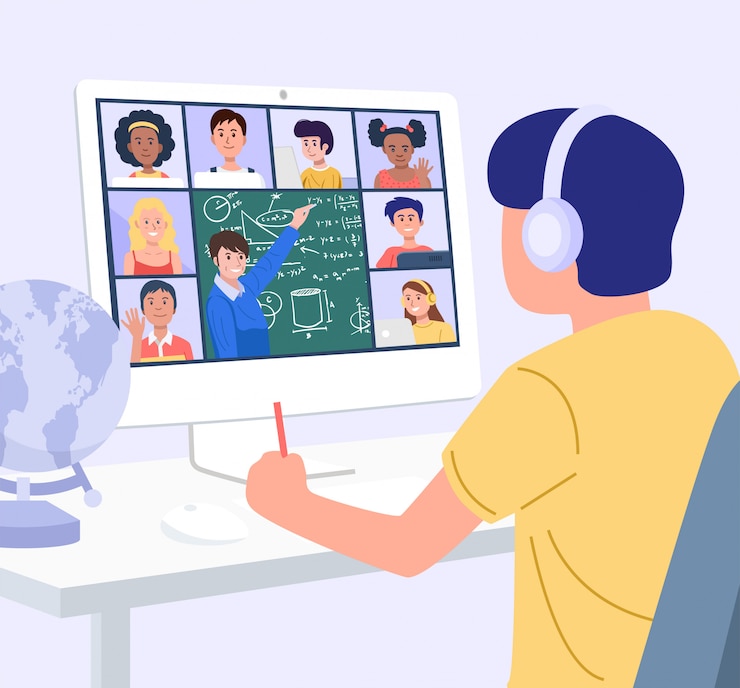 Vector home education concept. a boy learning with computer at home. vector