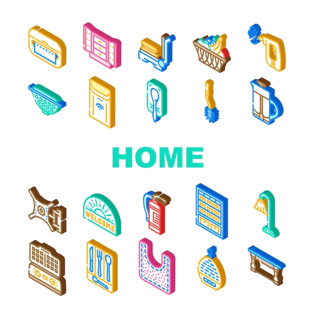 Home interior house design icons set vector equipment room decor modern accessories lamp decoration building home interior house design isometric sign illustrations