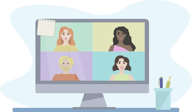 Home office concept. Online meeting with colleagues or friends. Vector illustration.