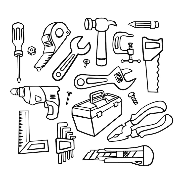 Vector home repair maintenance fix object detailed handdrawn doodle outline line set style