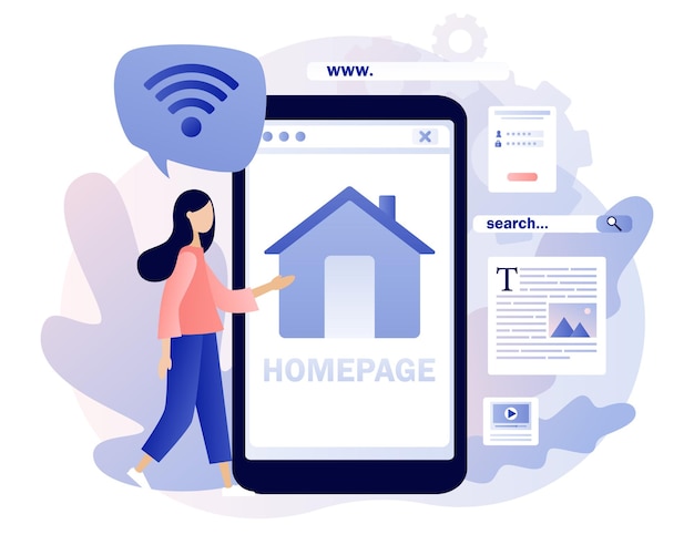 Homepage web page design on smartphone Tiny woman programmer working on website homepage
