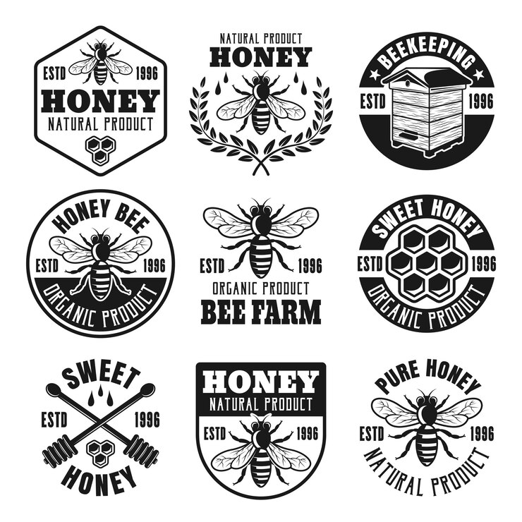 Honey and beekeeping set of logo templates in monochrome style