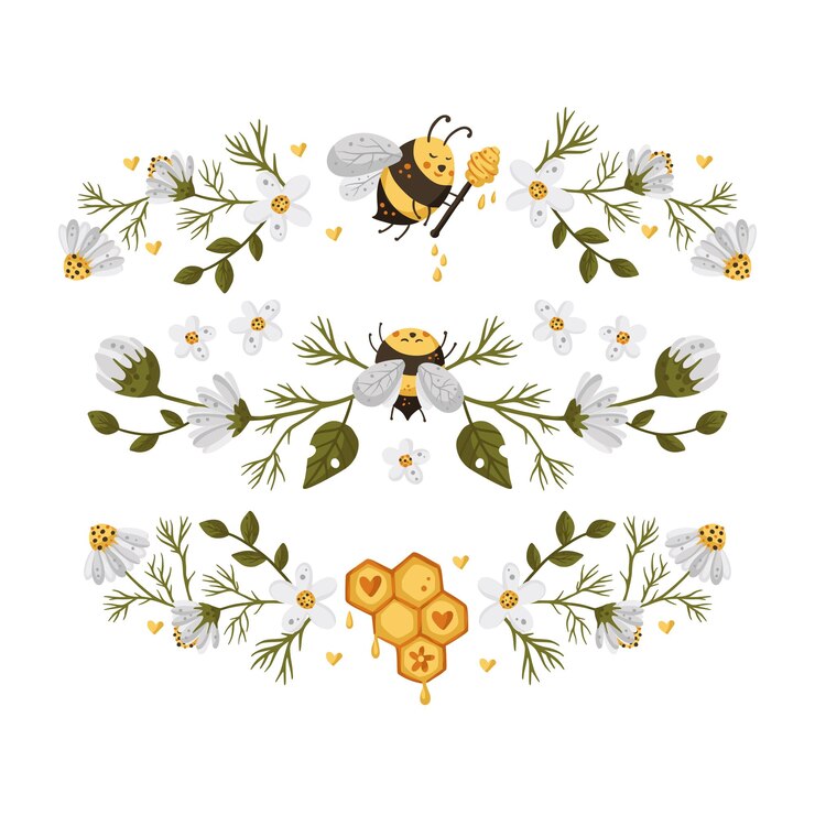 Honey bee border frame vector illustration horizontal divider frame card with daisy flower sweet