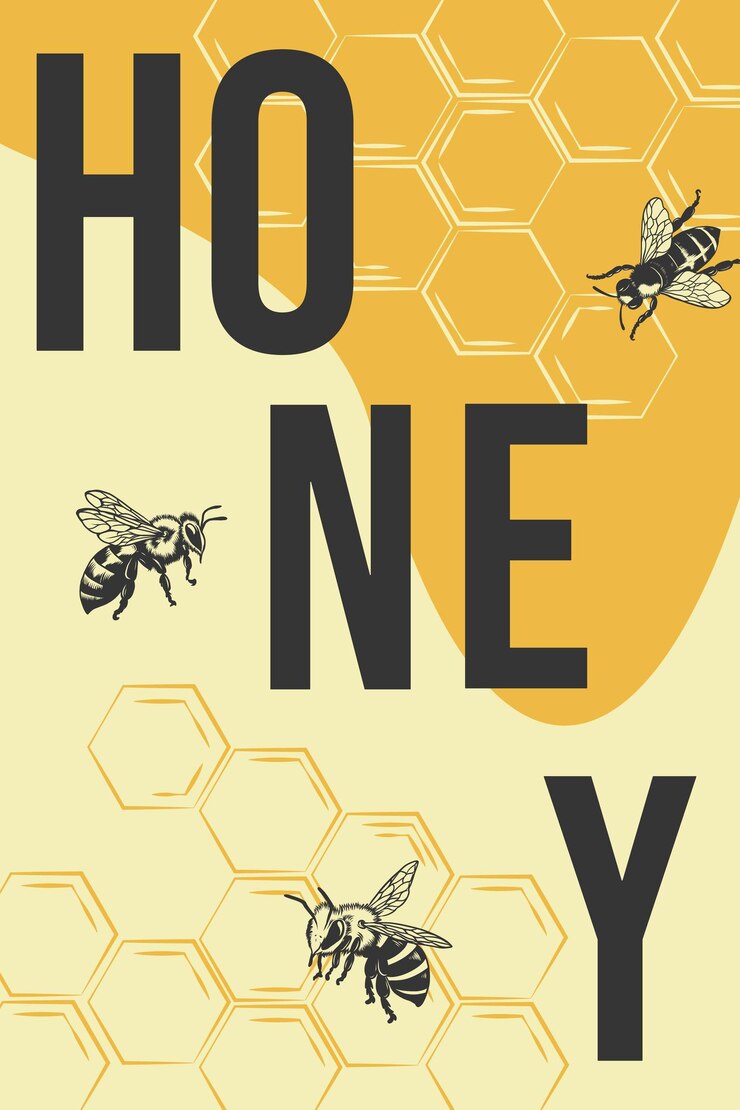 Honey products poster farmers market Farm event advertising card with bee and honeycombs