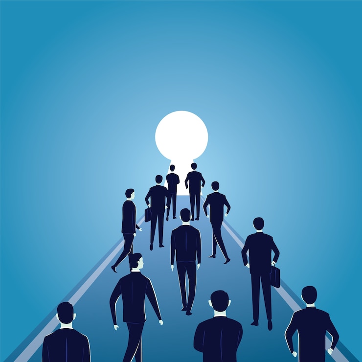 Vector hope concept. business people walks forward to bright light 