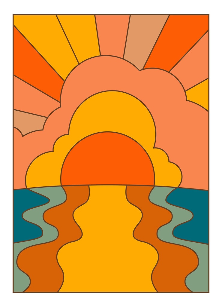 Vector horizon with sunset over lake or sea water mass