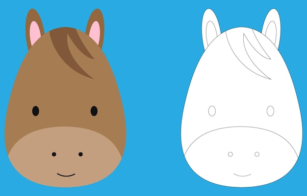 Horse face cartoon character Cute outline horse animal face coloring book for kids Vector Outline