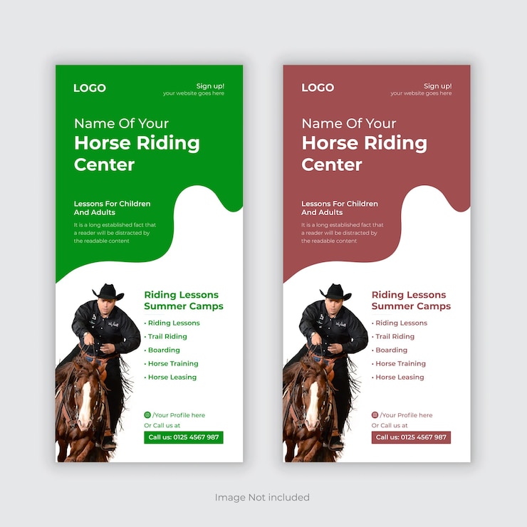 Vector horse riding lessons advertisement rack carddl flyer poster leaflet flyer template