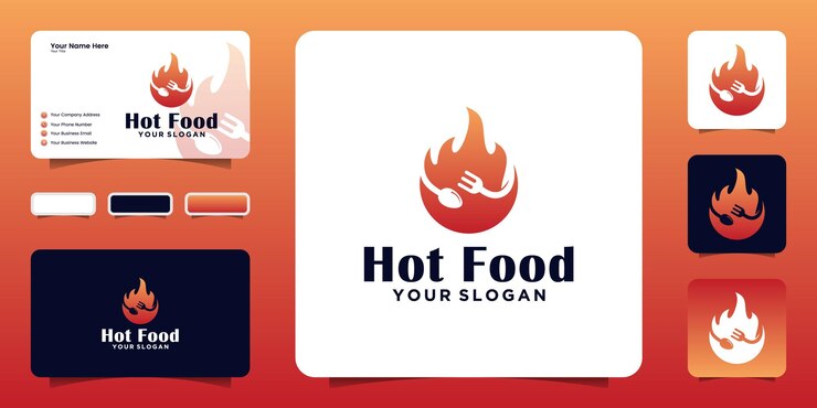 Hot food, fast food ready for restaurant, cafe icon and business card design