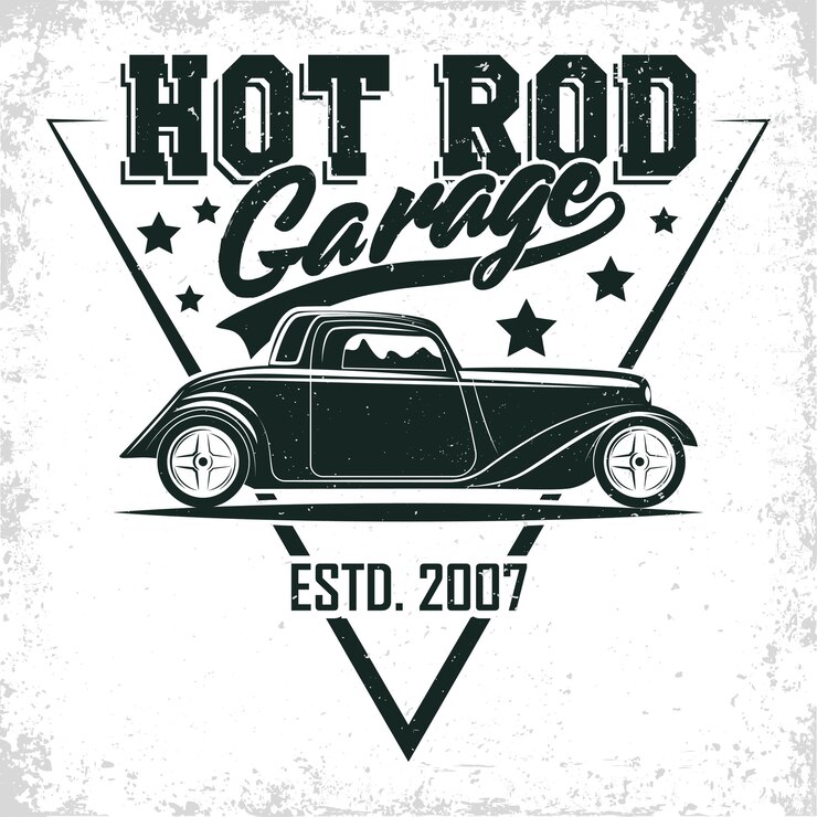 Hot Rod garage logo design, emblem of muscle car repair and service organisation, retro car garage print stamps, hot rod typography emblem 