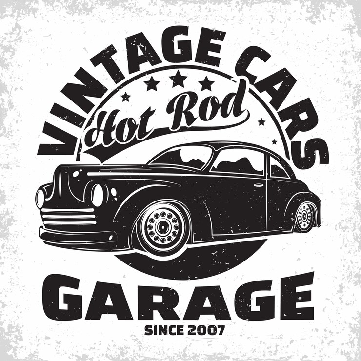Hot Rod garage logo , emblem of muscle car repair and service organisation, retro car garage print stamps, hot rod typography emblem, 