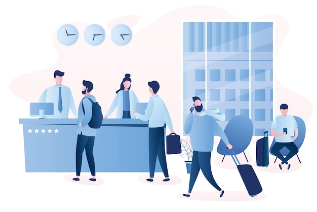 Hotel reception desk interior with furniture people receptionists and travellers with luggage vector