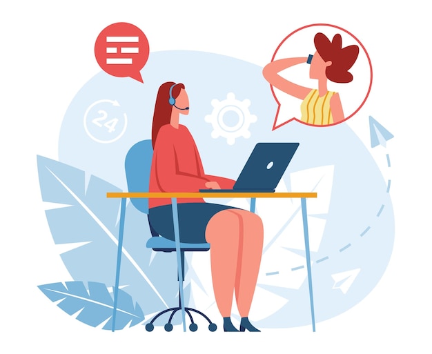 Hotline operator Call center worker in headset talking to client Customer service online vector