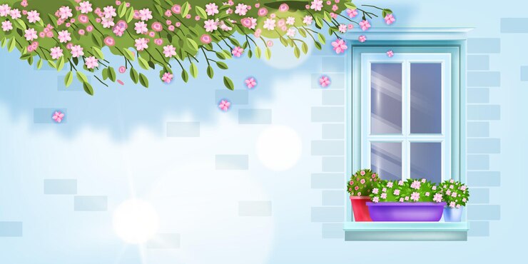 Vector house window, brick wall front view, sill, flowerpot.