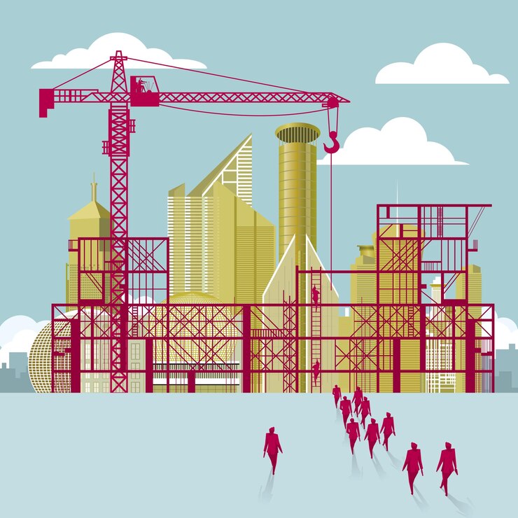 Vector housing construction.a group of businessmen walked to the building site.