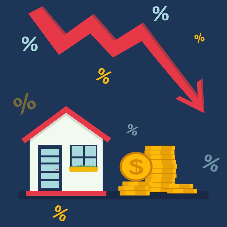 Vector housing price falling down real estate and property crash value drop or decline home loan or mortgage risk concept