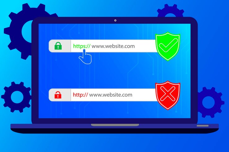 http and https protocols on shield. Safe and Secure https. Secured ssl shield and padlock symbols.