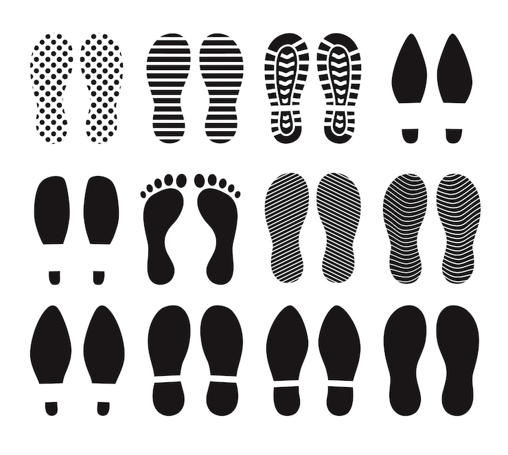 Vector human footprints. different silhouettes steps soles boots, sneakers, set icons on white background.