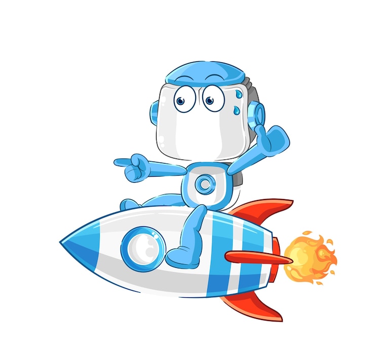 Vector humanoid robot ride a rocket cartoon mascot vector