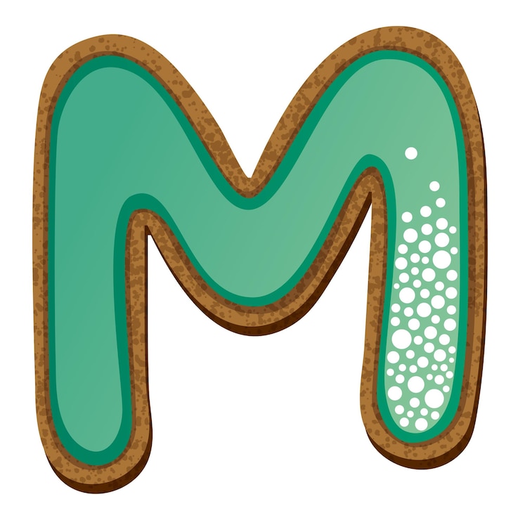 Vector huruf m dalam bentuk kue dengan ilustrasi vektor alfabet lapisan gula aquamarine