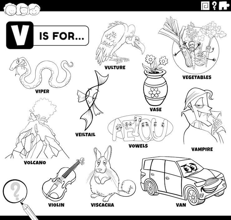 Vector huruf v kata-kata halaman mewarnai set kartun pendidikan