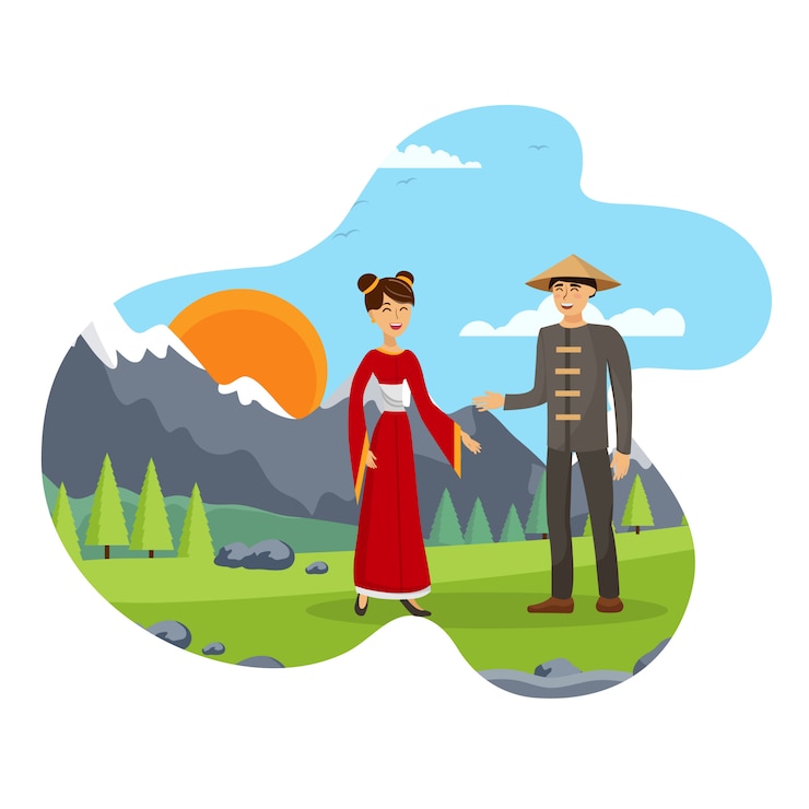 Vector husband and wife, chinese couple flat illustration