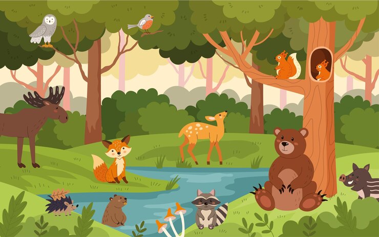 Vector hutan hewan kartun ilustrasi hutan yang lucu rusa beruang rubah lucu dan tupai latar belakang anak-anak dari alam dengan pepohonan dan sungai poster kekanakan dan lanskap vektor banner anak-anak