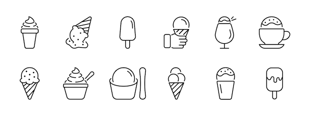 Ice cream set icon Ice cream in a cup on a stick in a cup in a glass in a mug in a container Glaze ice cream transfer ice cream with additives Vector line icon on white background