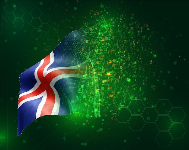 iceland, vector 3d flag on green background with polygons and data numbers
