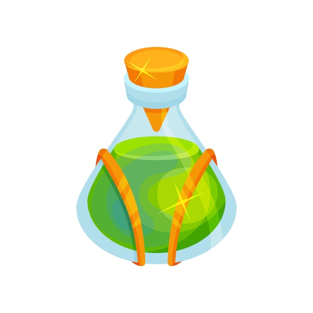 icon of small bottle with green magical potion glass container with orange lid magic elixir graphic element for children book cartoon vector design flat illustration isolated on white background