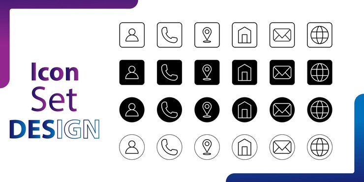 Icon Set Design with Contact Location and Website Icons
