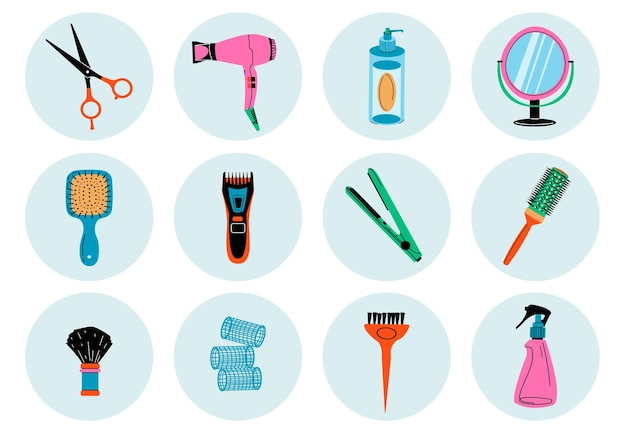Icons Set Barber Hairdresser Tools Hair Beauty Accessories Fashion Equipment Vector illustratio