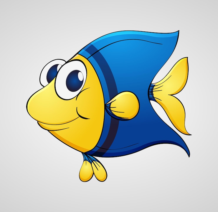 Vector ikan kartun dengan mata biru dan ekor biru