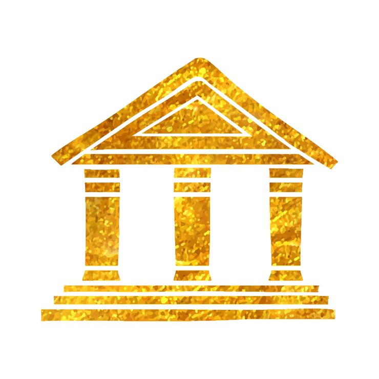 Vector ikon gedung bank digambar tangan dalam ilustrasi vektor tekstur foil emas