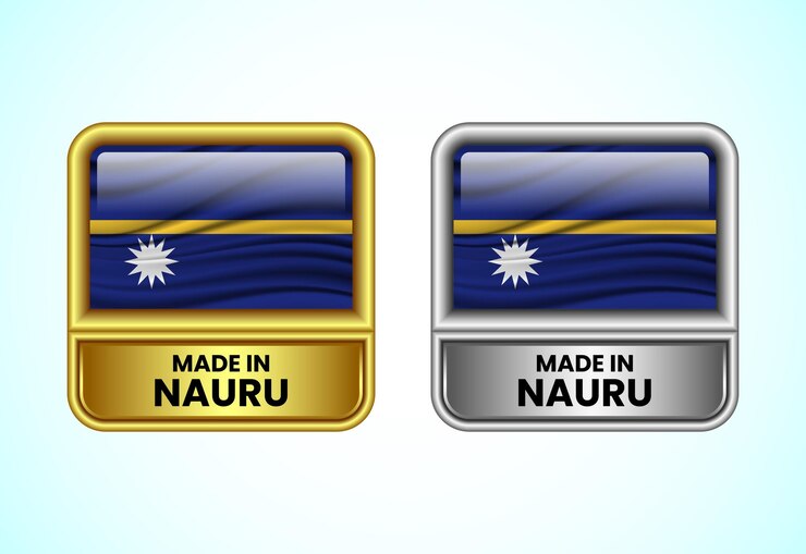Vector ikon label made in nauru dalam warna emas dan perak. set ikon bendera untuk bisnis