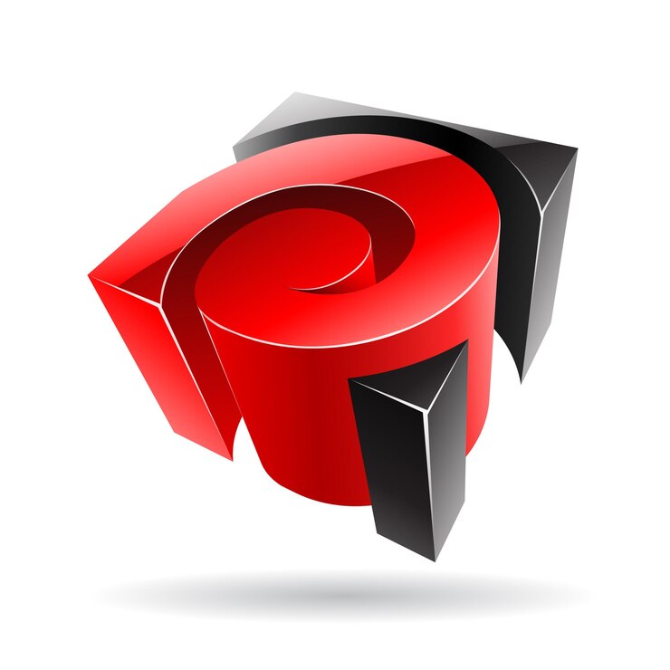 Vector ikon logo metalik mengkilap abstrak 3d dari bentuk pusaran merah dan hitam