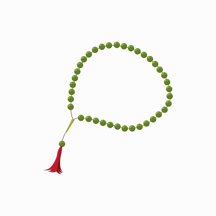Vector ikon tasbih muslim hijau dengan rumbai merah dalam gaya kartun yang diisolasi dengan latar belakang putih