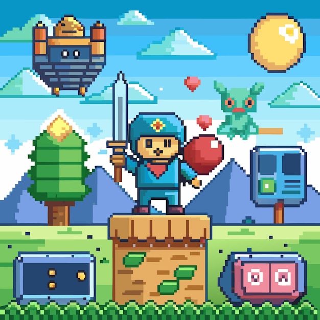 Ikon trofi Game Pixel Retro dan elemen vektor untuk desain level arcade petualangan