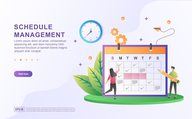 Illustration concept of schedule management with the person setting the plan on the calendar.