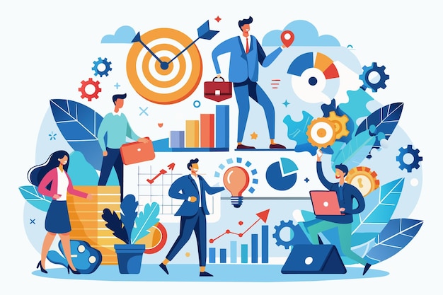 Illustration depicting a team of business professionals working together analyzing data and generating new ideas to achieve their goals