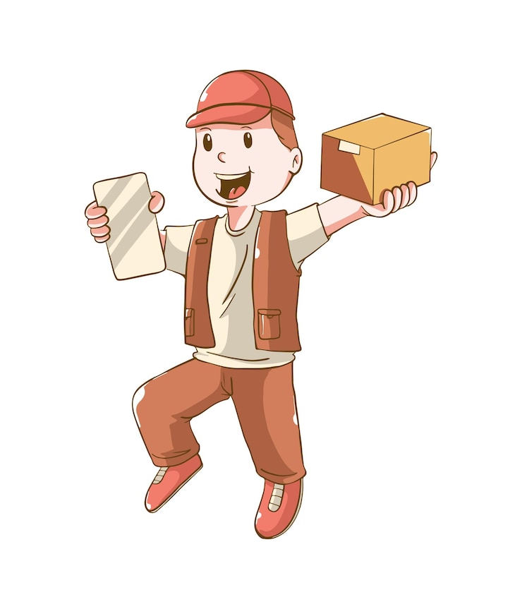 Vector illustration design of a package sender holding a cellphone and a package