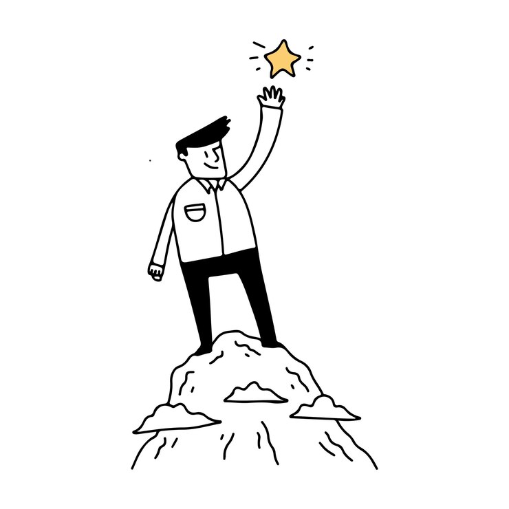 Vector illustration of a businessman on the top of mountain and reach the star.