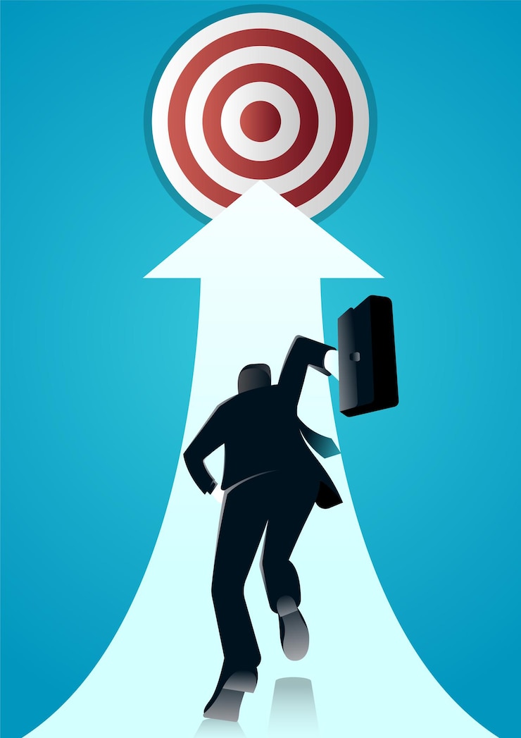 Vector  illustration of a businessman running with briefcase to target. 