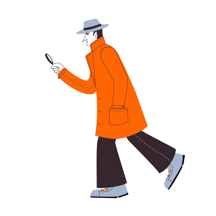 Vector illustration of a detective in a hat and cloak looking for something with a magnifying glass,