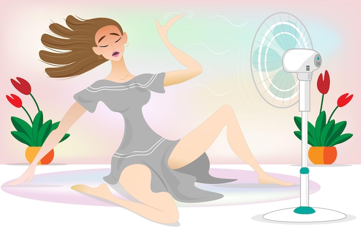 Vector illustration of a girl languishing in the heat charming lady is sitting near the fan to escape the heat summer heat sun time beach and spa time