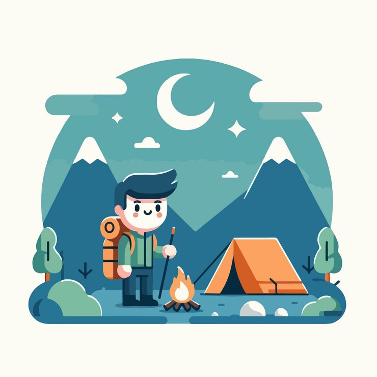 Vector illustration of a guy character camping flat and simple design
