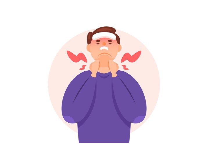 Vector illustration of a man with a fever and feeling pain in his throat due to glandular fever