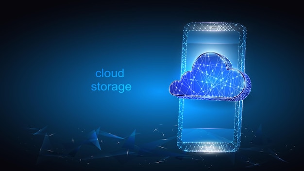  illustration of a mobile phone with an image of a virtual cloud data storage.