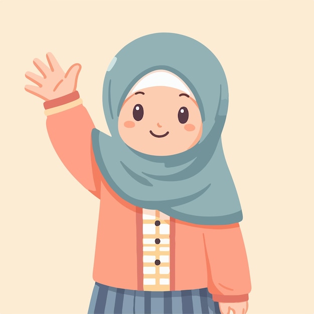 Illustration of a Muslim woman saying hello with a simple and minimalist flat design style